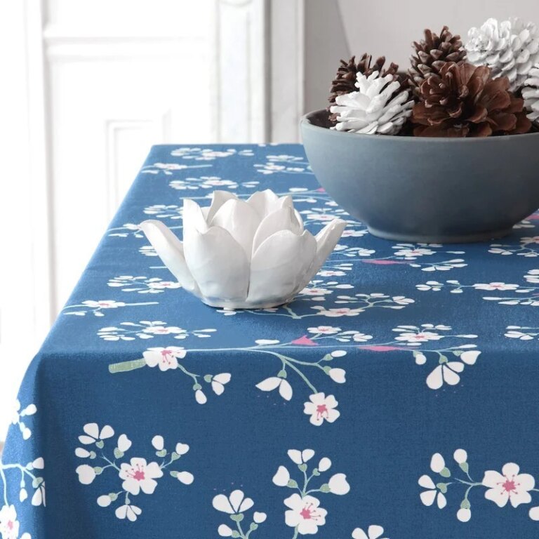 nappe enduite ronde ovale cerisier bleu petrole Fleur de Soleil - Nappe enduite ronde ou ovale Cerisier Pétrole