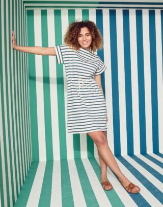 Maison Lemahieu - Robe Rayure Bleu pétrole / Ecru  – Manches courtes – Blanc – Femme