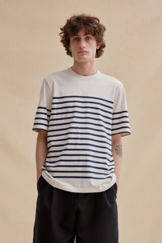 T-shirt marin écru et marine pour homme – rayures Marine Nationale par la marque Le Minor Le Minor - T-shirt marin écru et marine pour homme – rayures Marine Nationale