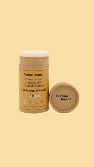Comme Avant - Crème Solaire SPF30 Minérale Bio 80g – Visage & Corps – Naturelle & Solide – Lait de coco & Vanille