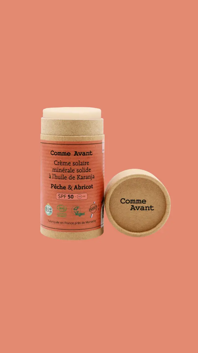 Comme Avant - Crème Solaire SPF50 Minérale Bio 80g – Visage & Corps – Naturelle & Solide – Pêche & Abricot