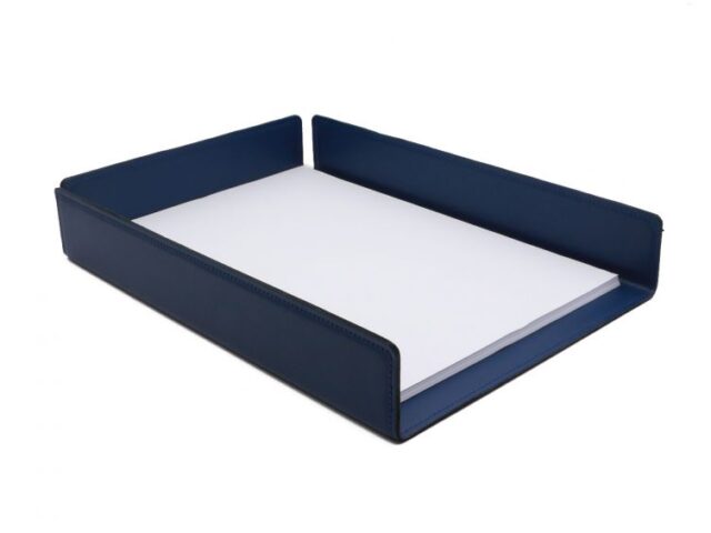 Lavoisier Maroquinier - Bac à courrier en cuir bleu cobalt format A4