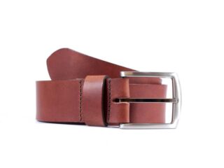 La Guêpe - Ceinture cuir 40mm marron cannelle, boucle massive et élégante acier gris satiné 4067 120 cm