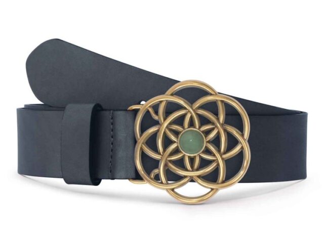 La Guêpe - Ceinture cuir bleu marine, boucle vintage, dorée, avec une pierre verte – 40mm – 4116 Choisir