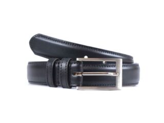 La Guêpe - Ceinture cuir noir, boucle rectangle argent satiné 6056  120 cm