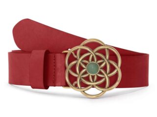 La Guêpe - Ceinture cuir rouge, boucle vintage, dorée, avec une pierre verte – 40mm – 4116 Choisir