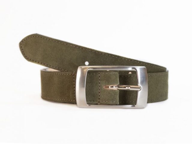 La Guêpe - Ceinture en cuir velours vert, boucle rectangulaire acier poli – 2028 Choisir