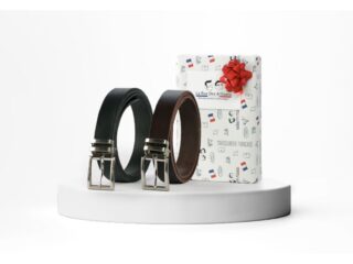 Coffret 2 ceintures luxe ajustables noir et marron avec boucle à pince par la marque La Guêpe La Guêpe - Coffret 2 ceintures luxe ajustables noir et marron avec boucle à pince