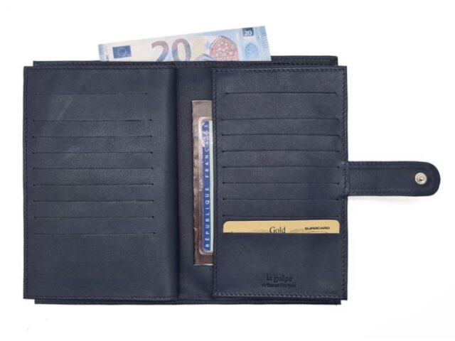 La Guêpe - Petite Maroquinerie - Compagnon "Luxe" en cuir bleu - 3 volets avec patte - PM-026-01