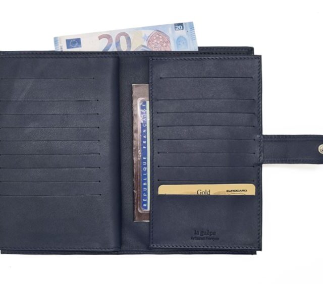 La Guêpe - Petite Maroquinerie - Compagnon "Luxe" en cuir bleu - 3 volets avec patte - PM-026-01