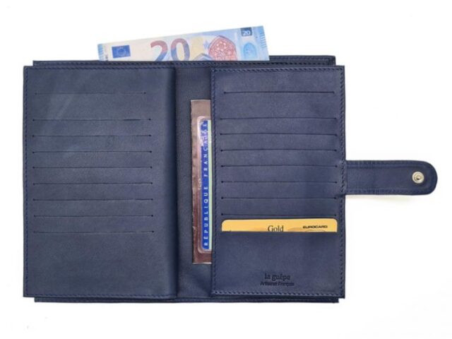 La Guêpe - Petite Maroquinerie - Compagnon "Luxe" en cuir bleu - 3 volets avec patte - PM-026-01