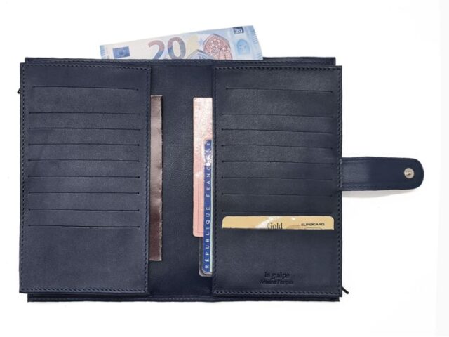 La Guêpe - Petite Maroquinerie - Compagnon "Luxe" en cuir bleu - double avec patte - PM-027-01