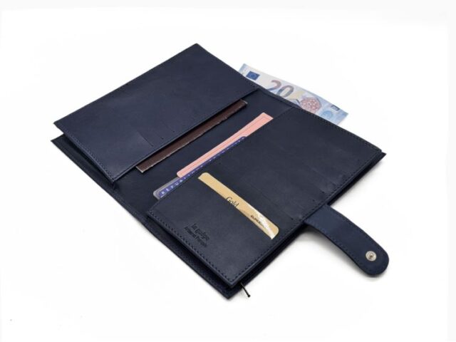 La Guêpe - Petite Maroquinerie - Compagnon "Luxe" en cuir bleu - double avec patte - PM-027-01