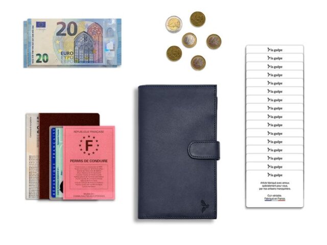 La Guêpe - Petite Maroquinerie - Compagnon "Luxe" en cuir bleu - double avec patte - PM-027-01