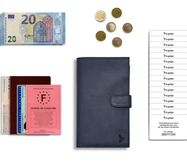 La Guêpe - Petite Maroquinerie - Compagnon "Luxe" en cuir bleu - double avec patte - PM-027-01