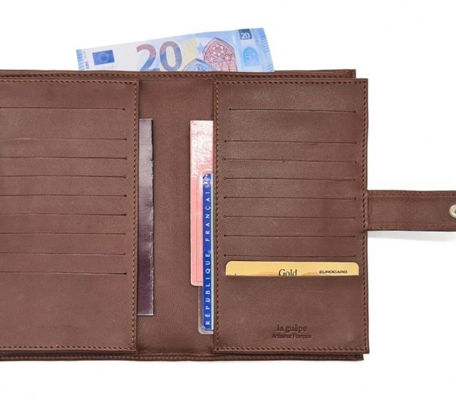 La Guêpe - Petite Maroquinerie - Compagnon "Luxe" en cuir marron - double avec patte - PM-027-01