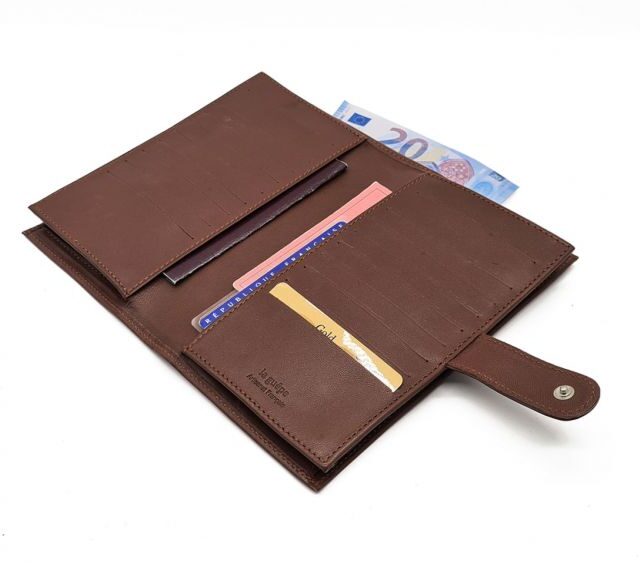 La Guêpe - Petite Maroquinerie - Compagnon "Luxe" en cuir marron - double avec patte - PM-027-01