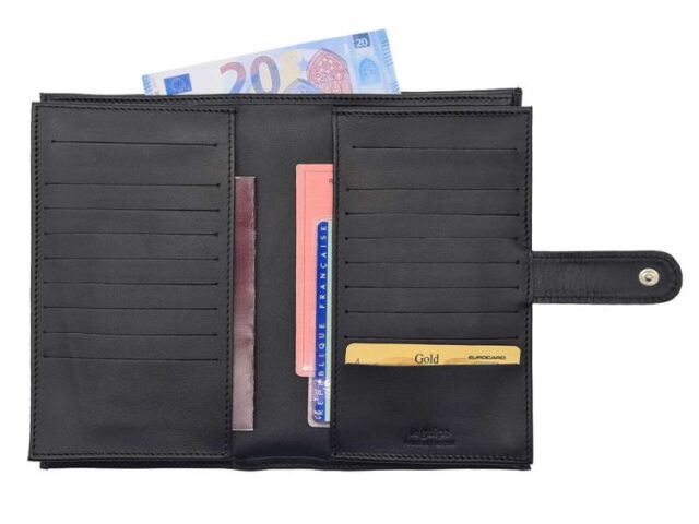 La Guêpe - Petite Maroquinerie - Compagnon "Luxe" en cuir noir - double avec patte - PM-027-01