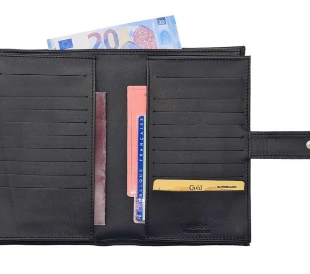 La Guêpe - Petite Maroquinerie - Compagnon "Luxe" en cuir noir - double avec patte - PM-027-01