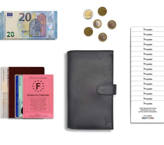 La Guêpe - Petite Maroquinerie - Compagnon "Luxe" en cuir noir - double avec patte - PM-027-01