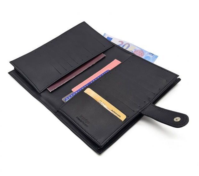 La Guêpe - Petite Maroquinerie - Compagnon "Luxe" en cuir noir - double avec patte - PM-027-01