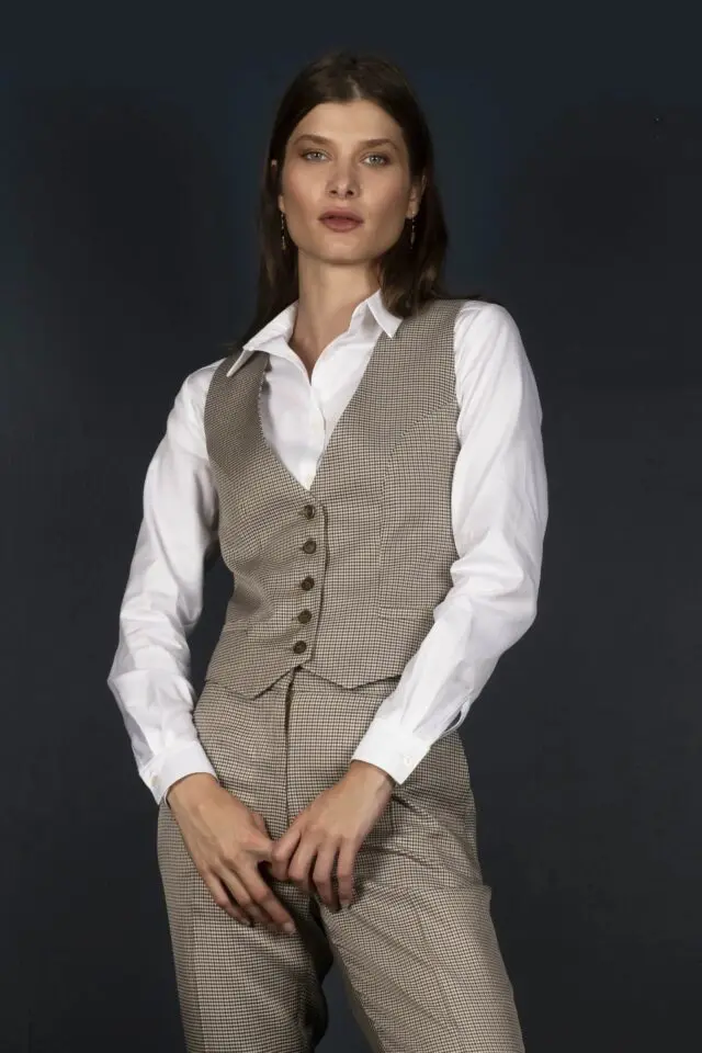 My tailor is Joh - Gilet Tailleur Femme Pied de Poule beige – Conception