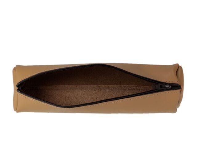 Lavoisier Maroquinier - Grande trousse ronde en cuir beige café latte