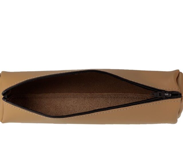 Lavoisier Maroquinier - Grande trousse ronde en cuir beige café latte