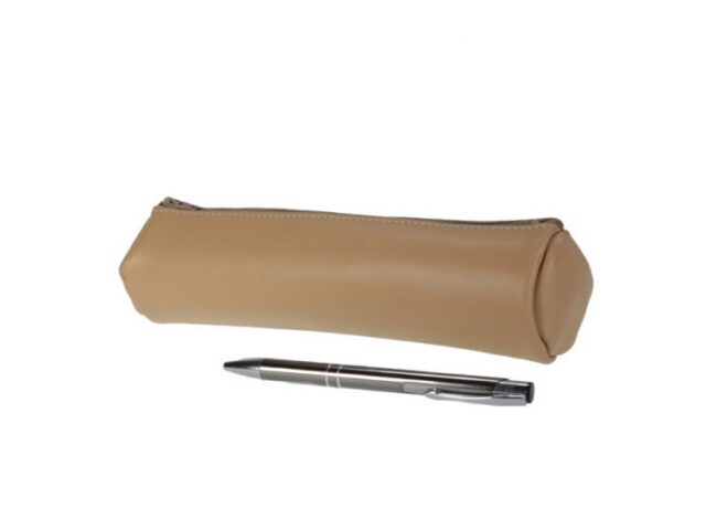 Lavoisier Maroquinier - Grande trousse ronde en cuir beige café latte