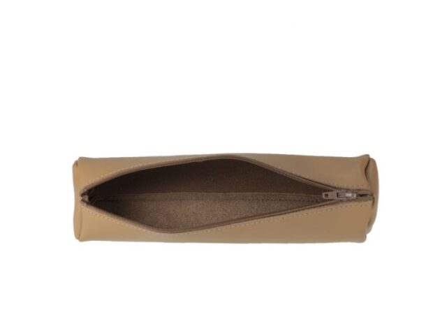Lavoisier Maroquinier - Grande trousse ronde en cuir beige café latte