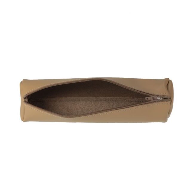 Lavoisier Maroquinier - Grande trousse ronde en cuir beige café latte