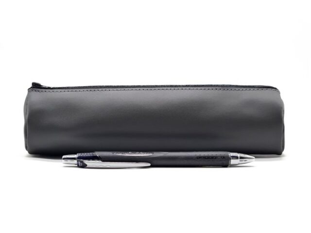 LAVOISIER Maroquinier - Grande trousse ronde en cuir gris fer