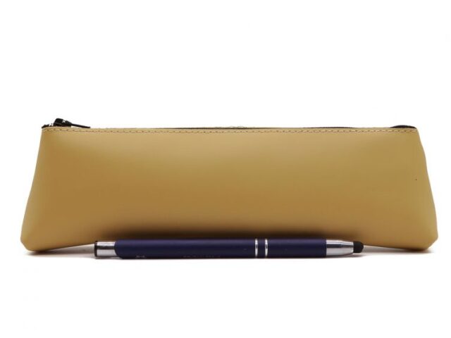 LAVOISIER Maroquinier - Grande trousse triangle en cuir beige café latte