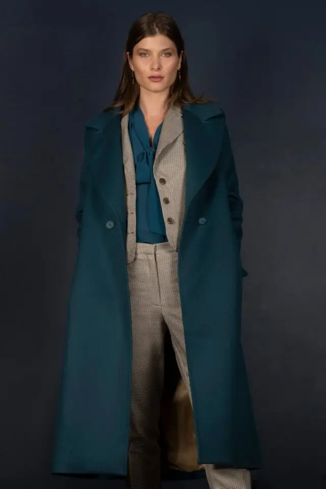 Manteau croisé en laine mélangée cardée avec broderies Femme, Noir