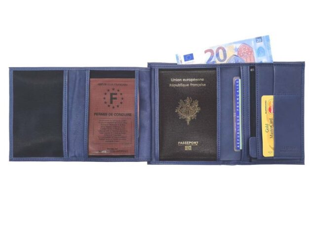 La Guêpe - Petite Maroquinerie - pack Portefeuille anti-rfid "Luxe" en cuir bleu - 15 cm 4 volets - PM-019-06
