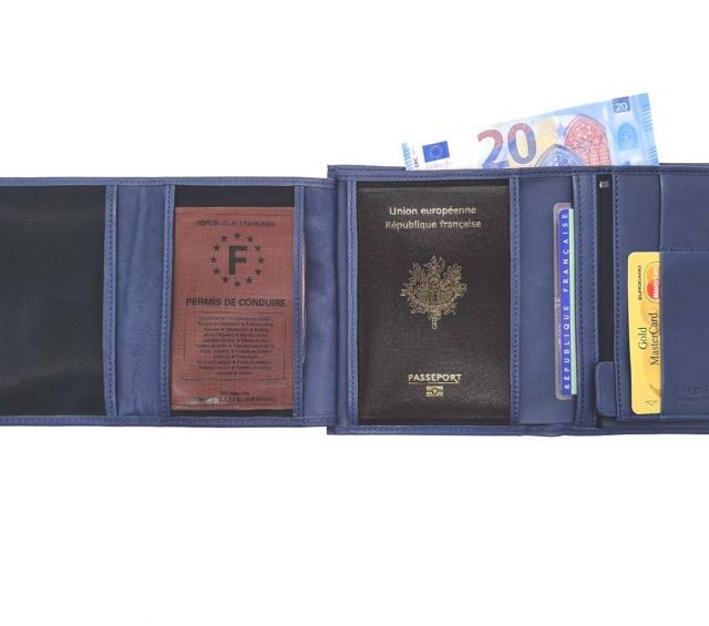 La Guêpe - Petite Maroquinerie - pack Portefeuille anti-rfid "Luxe" en cuir bleu - 15 cm 4 volets - PM-019-06