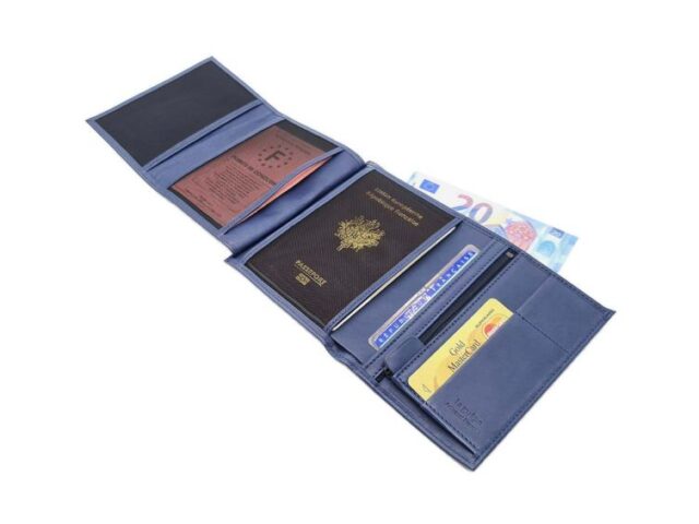 La Guêpe - Petite Maroquinerie - pack Portefeuille anti-rfid "Luxe" en cuir bleu - 15 cm 4 volets - PM-019-06