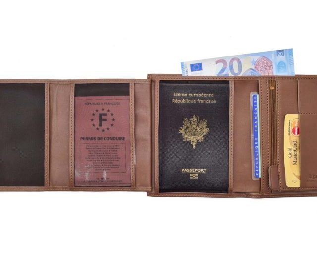 La Guêpe - Petite Maroquinerie - pack Portefeuille anti-rfid "Luxe" en cuir marron - 15 cm 4 volets - PM-019-06