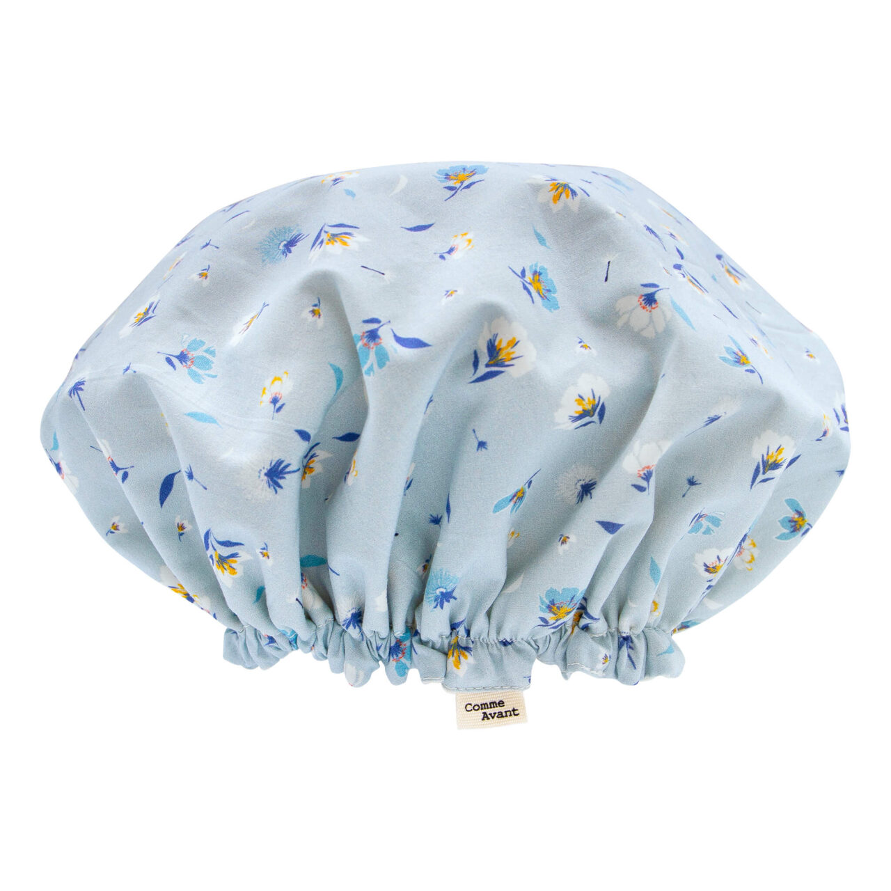 packshot charlotte bleu adulte Comme Avant - Bonnet Charlotte de douche en coton - Version 1 – Lot Adulte + Enfant / Fleurs bleues