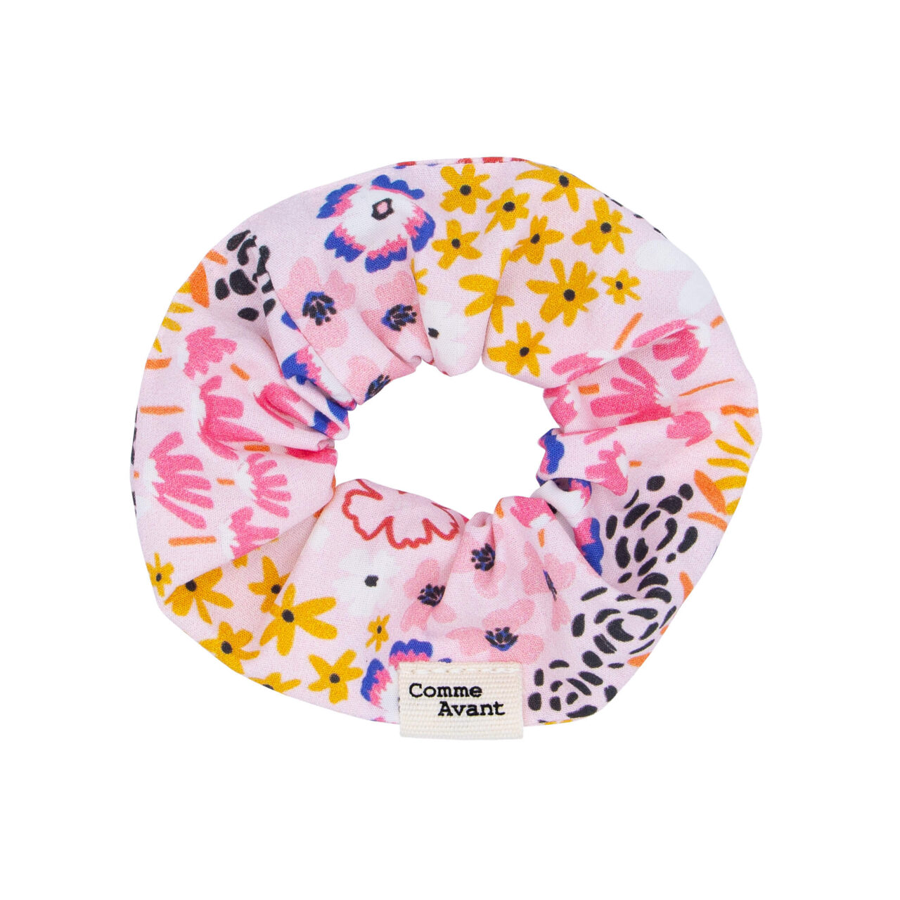 packshot chouchou rose Comme Avant - Chouchou cheveux en coton - Version 1 – Lot Grand + Petit format / Fleurs bleues