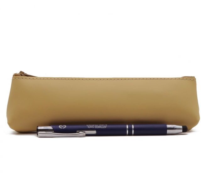 Lavoisier Maroquinier - Petite trousse triangle en cuir beige café latte