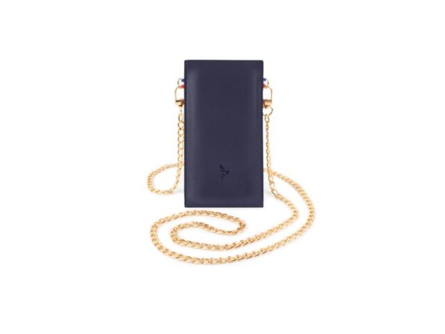 La Guêpe - Pochette iPhone 16 Pro en cuir bleu avec chainette – PM-046-02 Sans personnalisation