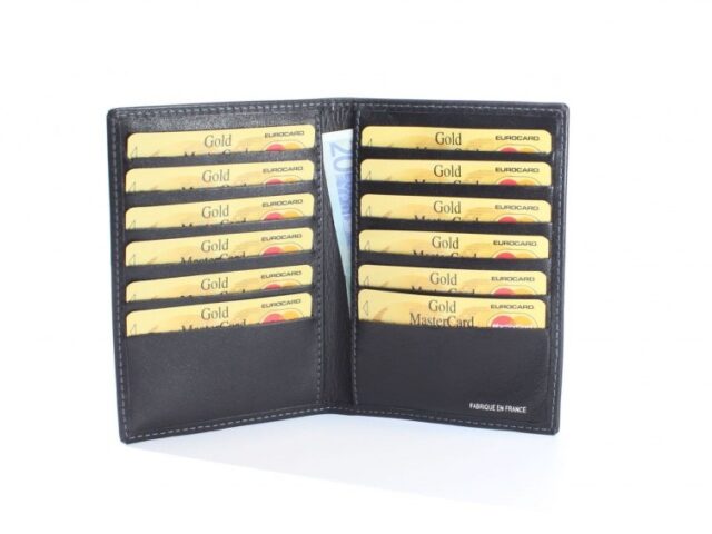 La Guêpe - Petite Maroquinerie - Porte-cartes en cuir de veau noir 12 Cartes - 120