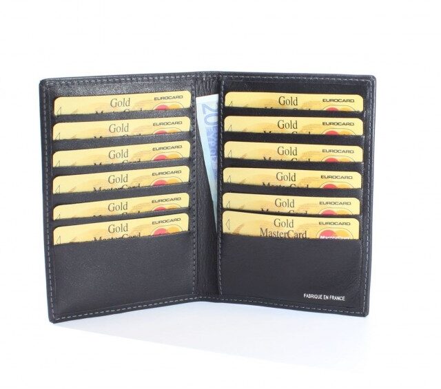 La Guêpe - Petite Maroquinerie - Porte-cartes en cuir de veau noir 12 Cartes - 120