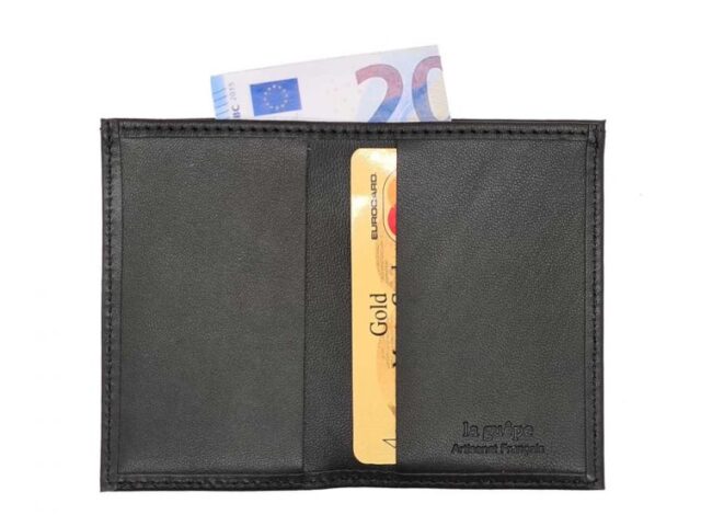 La Guêpe - Petite Maroquinerie - Porte-cartes minimaliste "Luxe" tout cuir noir 2 Cartes - PM-017-01
