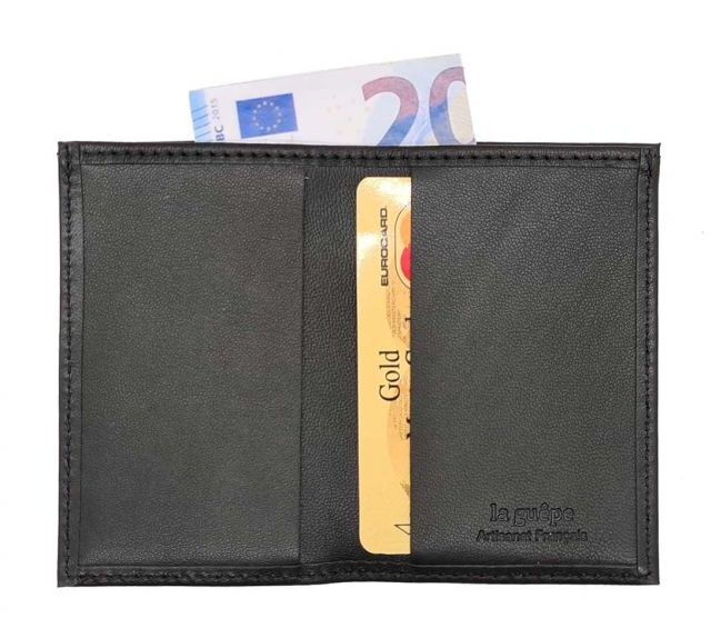 La Guêpe - Petite Maroquinerie - Porte-cartes minimaliste "Luxe" tout cuir noir 2 Cartes - PM-017-01