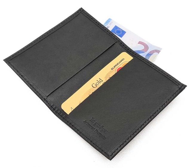 La Guêpe - Petite Maroquinerie - Porte-cartes minimaliste "Luxe" tout cuir noir 2 Cartes - PM-017-01