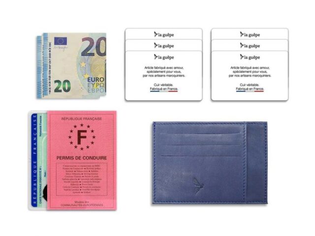La Guêpe - Petite Maroquinerie - Porte-cartes ouvert "Luxe" tout cuir bleu 6 Cartes - PM-013-01