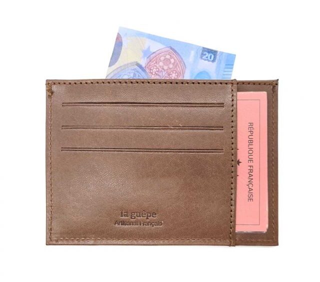 La Guêpe - Petite Maroquinerie - Porte-cartes ouvert "Luxe" tout cuir marron 6 Cartes - PM-013-01