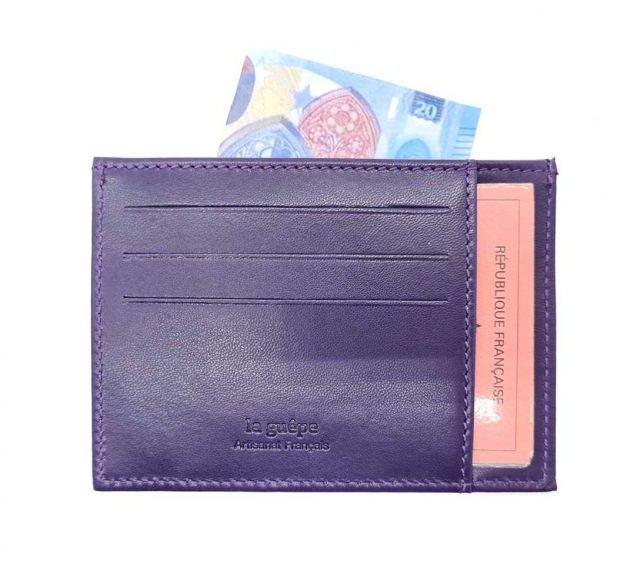 La Guêpe - Petite Maroquinerie - Porte-cartes ouvert "Luxe" tout cuir myrtille 6 Cartes - PM-013-01